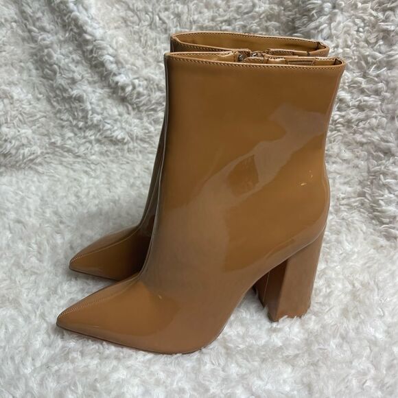 SHEIN Patent tan mid calf Boots pointed toe side zipper block heels size 11 - Picture 1 of 10